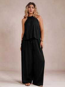 Freevana 大码波西米亚风休闲假日夏季沙滩装 - 露背短款上衣 + 带口袋的宽松阔腿裤，女式两件套，母亲节装束，女士度假装束，狂欢装束，女士加大码西部装束