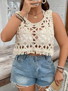 SHEIN VCAY Top de punto casual sólido de talla grande con abertura, top con hombros descubiertos, top lindo, top de ganchillo, top de malla, top transparente de color amarillo mantequilla, conjunto para el 4 de julio, conjunto para vacaciones en una isla, conjunto para luna de miel, conjunto para vacaciones de mujer, ropa de mujer de estilo occidental bohemio, conjunto para festival, conjunto para graduación de verano, conjunto para vacaciones en la playa, ropa de mujer de estilo occidental de talla grande