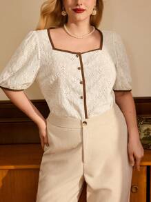 Vintamour 大码复古优雅女式 T 恤上衣针织提花方领休闲开衫女士度假装女士夏季装白色上衣夏季上衣女士西装女士生日装女士外出上衣女士夏季上衣女士白衬衫教堂服装女士夏季服装女士可爱上衣邮轮服装女士办公室服装女士衬衫女士白色服装女士纽扣衬衫女士工作服女士春季服装