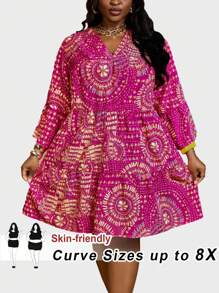 SHEIN CURVE+ Plus Size Deep V-Neck Floral Print Short Casual Dress, Suitable For Vacation, Curve Plus, Boho Vacation, Summer Outfits For Women Beach Outfits For Woman/Beach Dress/Beach Vacation Outfits/Beach Essentials / Graduation/Tea Party Dress Summer/Country/Beach Vacation Outfits/Beach Outfits/Beach Wear