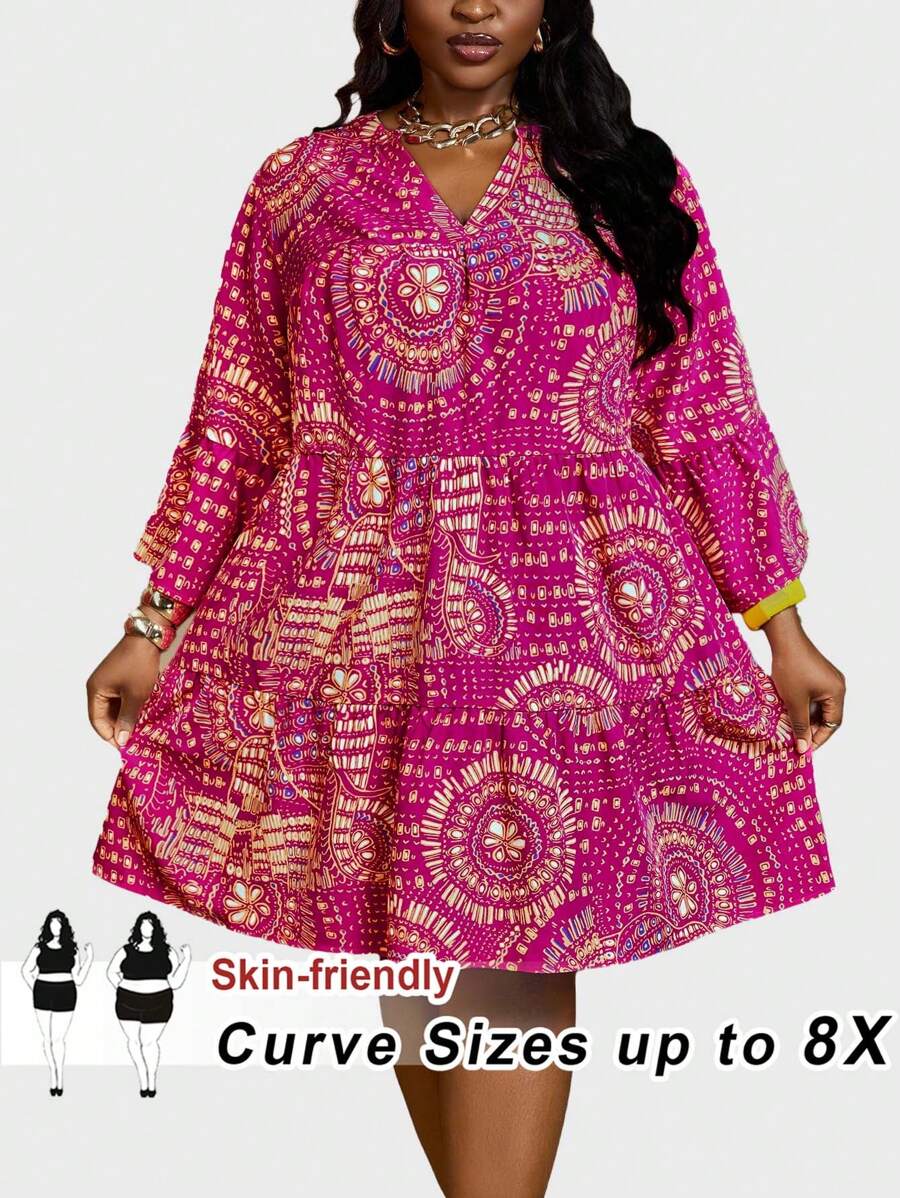 SHEIN CURVE+ Plus Size Deep V-Neck Floral Print Short Casual Dress, Suitable For Vacation, Curve Plus, Boho Vacation, Summer Outfits For Women Beach Outfits For Woman/Beach Dress/Beach Vacation Outfits/Beach Essentials / Graduation/Tea Party Dress Summer/Country/Beach Vacation Outfits/Beach Outfits/Beach Wear