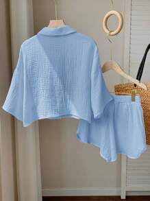 Comfortcana 2件套女士夏季蓝色度假衬衫和短裤套装 - 藍色 - 查看 2