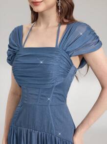 Poshira High-End Formal Gown With Fold Pleated Patchwork Design, Elegant Celebrity Party Dress Luxurious Women's Evening Dresses Soft Dress, Prom Dress - Dusty Blue - View 5