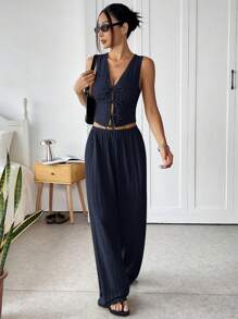 SHEIN EZwear Deep Blue Summer Vacation Knitted Texture Camisole & Pants Set - Navy Blue - View 3