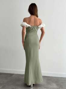 EURMUSE Two Tones Off Shoulder Ruffle Trim Bodycon Dress, Elegant Dress - Mint Green - View 2