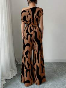 Elenzga 优雅女士不对称腰部褶皱简约修身休闲女士/现代修身连体裤 - 摩卡棕 - 查看 2