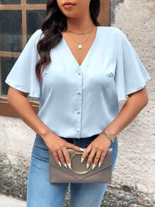 Calvaya Plus Size Solid Color V-Neck Button-Up Short Sleeve Shirt - Baby Blue - View 4