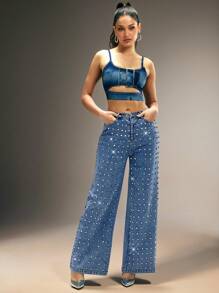 Denimoi Jeans de pierna ancha con lavado suave y remaches - Azul lavado medio - Ver 4