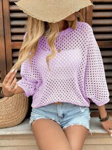 Breezaya Áo len dệt kim cổ tròn hở vai tay cánh dơi rộng rãi thoải mái cho nữ, màu mơ, mùa xuân/thu - Màu tím hoa cà - Xem 4