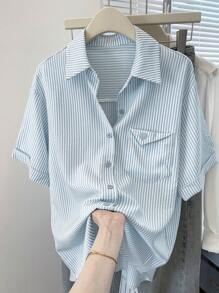 INAWLY 女士休闲条纹短袖衬衫，夏季 - 淺藍色 - 查看 5