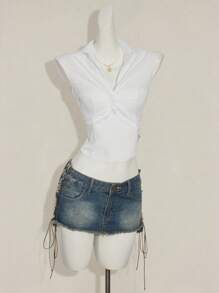 SHEIN ICON Women's White Twist Front V-Neck Fitted Cropped Shirt - White - View 5