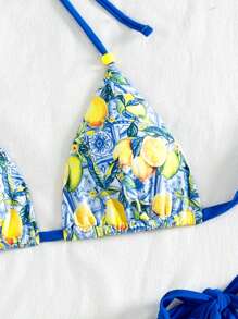 Swim Mod Set de 2 piezas de top corto sin espalda con estampado aleatorio colorido y bikini de lado atado en triángulo - Conjunto de traje de baño y ropa de playa de verano para mujer
