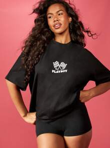 Missguided x Playboy 国旗图案 T 恤超大棉质 T 恤街头时尚兔子标志印花前后设计都市风格经典休闲舒适日常穿着赛车 - 黑色 - 查看 2
