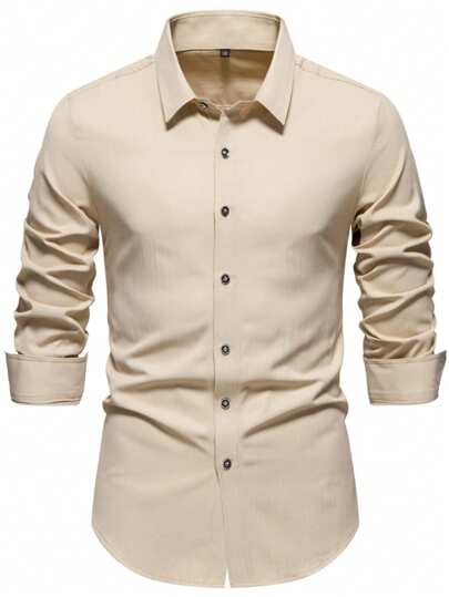 Calvornis Men's Solid Color Casual Commuter Long Sleeve Shirt Stretch Dress Shirts For Men Shirts Casual Slim Fit Men's Slim Fit Shirts Men's Long Sleeve Dress Shirts Men Fitted Shirts, For Fall Khaki