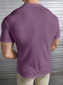Manfinity VCAY Men's Casual Short Sleeve Shirt,Summer Breathable Textured Button Down Beach Top,Relaxed Fit Camp Collar Vacation Blouse,Vertical Pleated Travel Tee - Purple - View 2