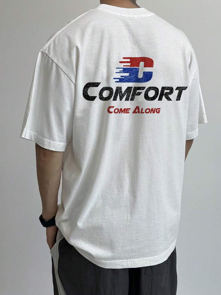 Red & Blue Letter Print White T-Shirt For Men, Summer,Graphic Tees