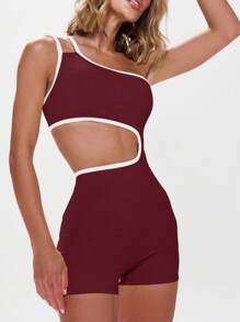 Musera Sport Asymmetrical Neck Contrast Trim Cut Out Unitard Active Workout Gym,Padel, Tennis, Pickleball Gym Fitness Yoga Pilates Daily Casual Summer - Burgundy - View 5