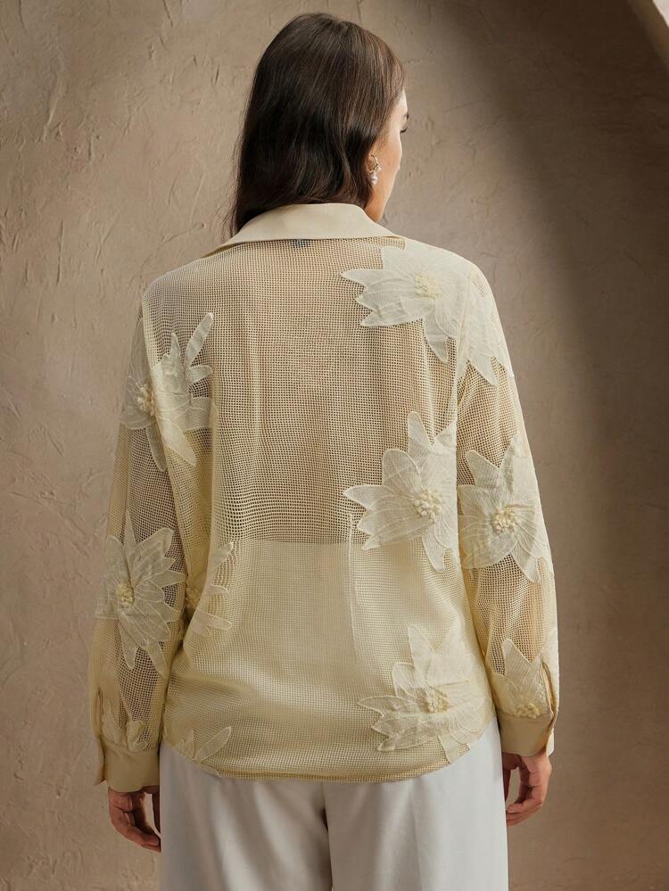 Ladies' Plus Size Heavy Craft Mesh Embroidery Premium Versatile Long Sleeved Shirt Spring For Women Festival,Elegant,Holiday,Vacation,Casual,Beach