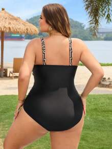 SHEIN CURVE+ 大码女式连体休闲优雅深V领聚拢修身数码印花沙滩泳衣 - 彩色 - 查看 2