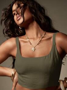 MISSGUIDED Bộ đồ mùa hè hai mảnh vải lanh Áo crop top cổ vuông cạp cao quần ống rộng Palazzo trang phục nghỉ dưỡng thường ngày trang phục đi biển - xanh quân đội - Xem 3