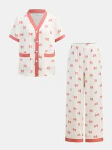 2 Stücke Set für Teenager Mädchen mit niedlicher Schleife, V-Ausschnitt Kurzarm T-Shirt mit Tasche und gerade geschnittener Hose als Loungewear Schlafanzug