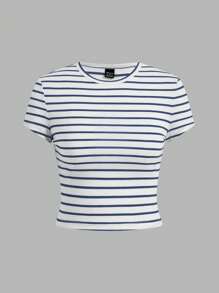 SHEIN EZwear 4pcs Set Casual Minimalist Nautical Style Navy Blue Stripe Short Sleeve Cropped Fitted T-Shirt For Summer Holiday Suitable For Going Out - Multicolor - View 6