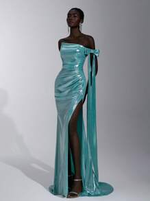 Glamrae 优雅的湖蓝色闪亮彩虹色涂层单肩露肩可拆卸蝴蝶结超长褶皱美人鱼风格开衩礼服，适合约会、单身派对、毕业典礼、返校节、舞会、生日、婚礼、正式活动 - 水鴨藍 - 查看 4