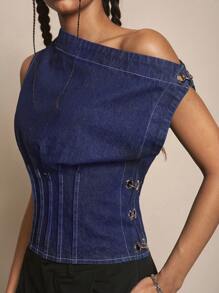 Easelle Millennium Girl Asymmetrical Shoulder Crop Top, Fashionable Summer Wear, Night Out, Vintage, Streetwear, Western Wear Women - Blue - View 1