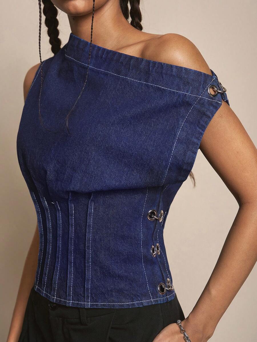 Easelle Millennium Girl Asymmetrical Shoulder Crop Top, Fashionable Summer Wear, Night Out, Vintage, Streetwear, Western Wear Women - Blue - View 1