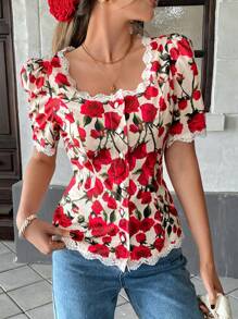 Pariaura 女式法式短袖花卉蕾丝衬衫 - 紅色 - 查看 3