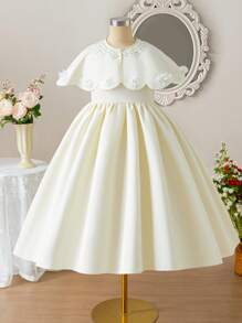 SHEIN Tween Girl Crew Neck Cape Pearl Beading Jacket & Elegant High Waist Long Dress 2Pcs Set, Sweet Princess Dress - Apricot - View 8