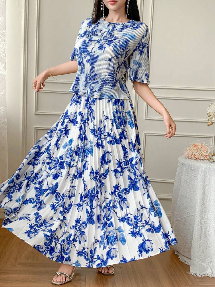 2pcs Set Women Elegant Floral Print Summer Outfit Business Attire