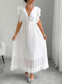 SHEIN Unity Plus Size Women Solid Deep V-Neck Tie Front Ruffle Sleeve Pleated Hem Elegant Dress - White - View 5
