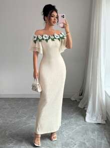 Modelyn 1 件女式露肩花卉刺绣网眼拼布连衣裙