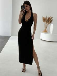 Firerie Neues elegantes schwarzes ärmelloses Midikleid mit U-Ausschnitt und rückenfreiem Halterausschnitt für Partys, Veranstaltungen, Musikfestivals - Schwarz - Übersicht 6