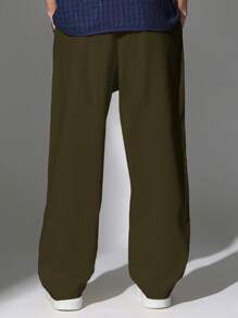 SUMWON 宽松亚麻外观阔腿裤抽绳休闲度假裤度假夏季海滩休闲阔腿裤舒适日常穿着 - 軍綠色 - 查看 2