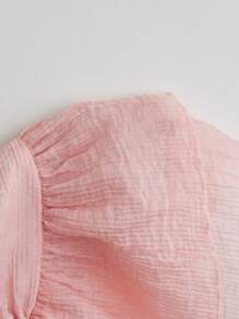 Elamini 粉色甜美海滩度假风格褶皱抹胸领口荷叶边下摆上衣，适合春夏季 - 粉色 - 查看 7