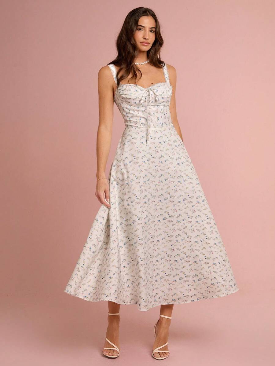 Enchnt Women's Off White Floral Sweetheart Collar Bowknot Princess Long Dress,Elegant Tea Party Summer Holiday Vacation,Prom Graduation Wedding Guest Dress - White - View 1