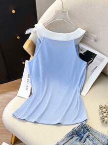 SHEIN Clasi Women Sleeveless Adjustable Floral Design Round Neck Tank Top, Elegant Casual - Blue - View 2