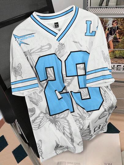  Aesthetic Post--Men's Casual Butterfly & Letter Print Loose Fit Dropped Shoulder Mesh Breathable T-Shirt, Summer Custom Jersey Sports Jersey