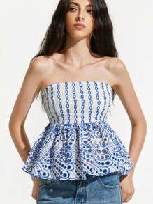 Aveloria Affinna 女士个性化度假高工艺撞色刺绣镂空性感荷叶边下摆短款上衣