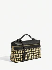 SHEIN SXY 女士手提包，编织包，时尚，简约，优雅，百搭，经典，编织 PU，红色包，金属挂锁装饰，适合通勤、办公、约会、日常、购物、下午茶 - 黑色 - 查看 3