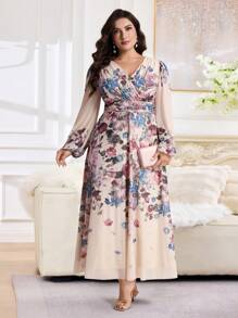 Modelyn Plus Size Women Floral Print Surplice V-Neck Lantern Sleeve Elegant Dress,Flowy Dress - Multicolor - View 6