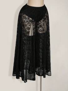 SHEIN ICON 大码高腰波点蕾丝和网眼拼布加长裤 - 黑色 - 查看 5