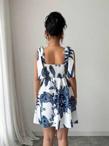Elenzga Vestido mini de línea A de cintura ceñida con estampado abstracto elegante para mujeres