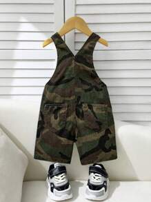 SHEIN Baby Boys' Summer Casual Patched Detail Baggy Straight Leg Denim Overalls Jumpsuit Jeans Shorts Without Tee, For Spring/Summer Outfits,Kids Denim Romper - Multicolor - View 2
