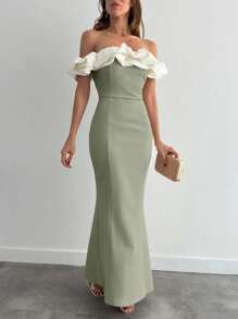 EURMUSE Two Tones Off Shoulder Ruffle Trim Bodycon Dress, Elegant Dress - Mint Green - View 3