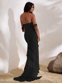 Opulessa Solid Color Knit Mesh Cropped Tank Slit Fitted Ruffle Hem Women Long Dress Holiday Outfits Summer Outfits Vacation Women Dresses Birthday - Black - View 2