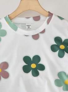 SHEIN 2pcs/Set Girls Floral Full Print T-Shirt And High Waist Textured Wide Leg Pants Set - Green - View 3