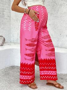 SHEIN Maternity Adjustable Waist Fish Print Loose Wide Leg Casual Pants Boho Pants Women Summer Outfits Beach Pants For Woman Summer Women Outfits Women Summer Pants - Apricot - View 5